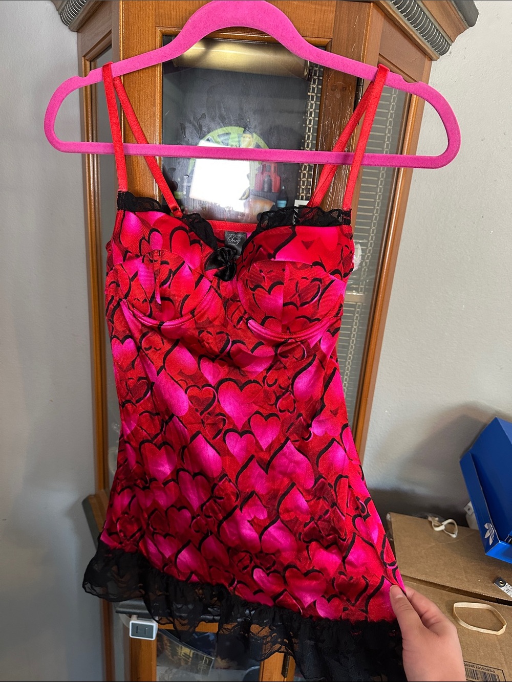 smart & sexy Hot Pink Heart-Print Satin Chemise with Black Lace